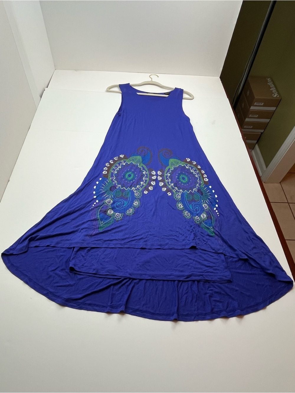 Desigual Royal Blue Sleeveless A-Line Dress Floral Womens Small‎ Stretch Summer